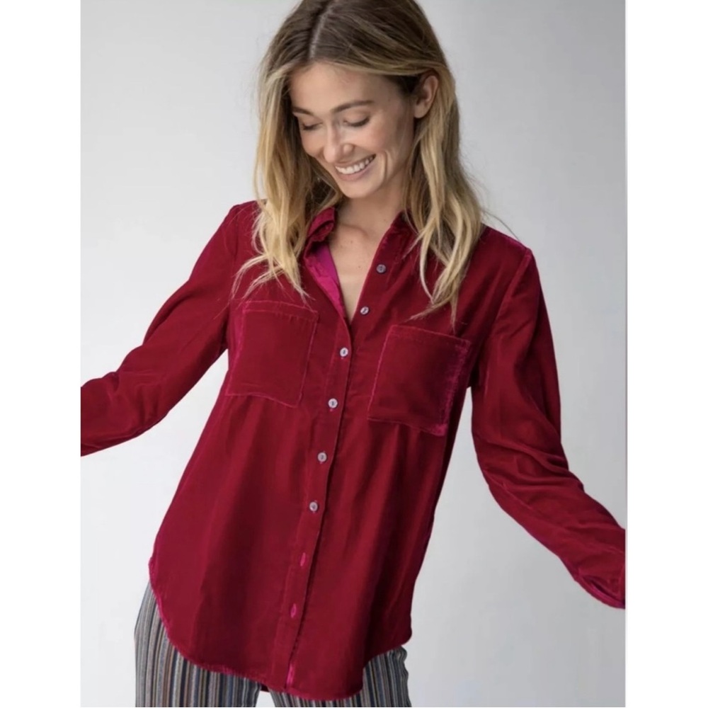 Natural Life Rocky Velvet Button Up Long Sleeve Shirt in Berry size Small